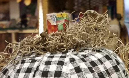 Black and White Fabric Strip Foam Pumpkin - glue the cork and some moss to the top of the pumpkin to finish