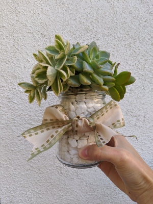 Succulent Jar Centerpiece - hand holding finished jar