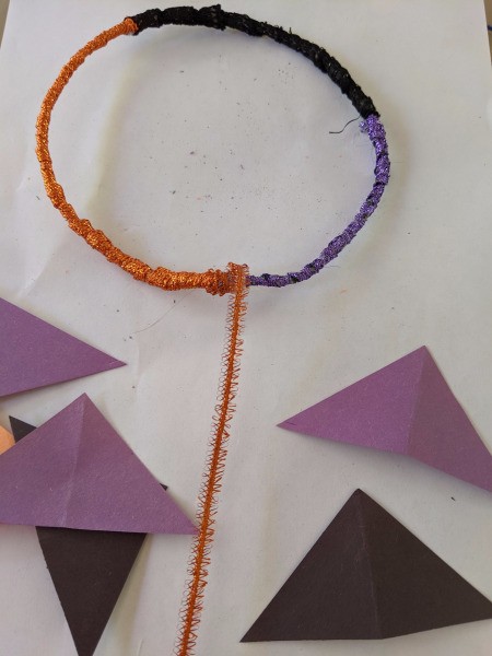 Hanging Halloween Themed Hoop Decoration - attach a length of sticker ribbon