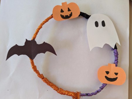 Hanging Halloween Themed Hoop Decoration - attach the bat, ghost, and pumpkins to the hoop
