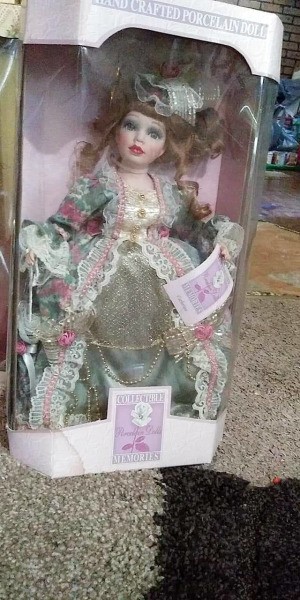Value of Porcelain Dolls - doll in a box, wearing a glittery ball gown, Collectible Memories