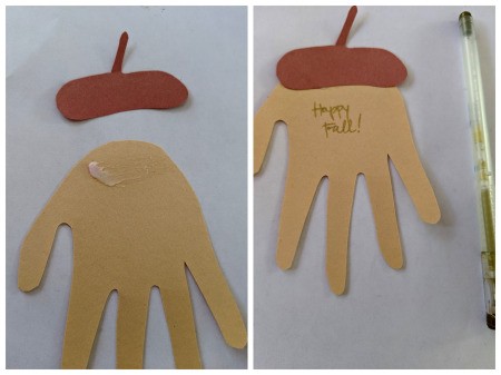 Happy Fall Handprint Acorn Craft - glue stem/cupule to handprint and add message