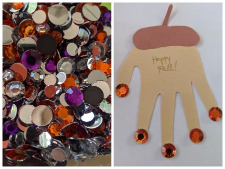 Happy Fall Handprint Acorn Craft - acrylic rhinestones can be glued to the fingertips and top of stem