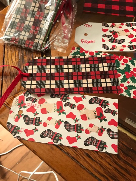 Handmade Gift Tags - examples of tags and a packaged bag in upper left, partially seen