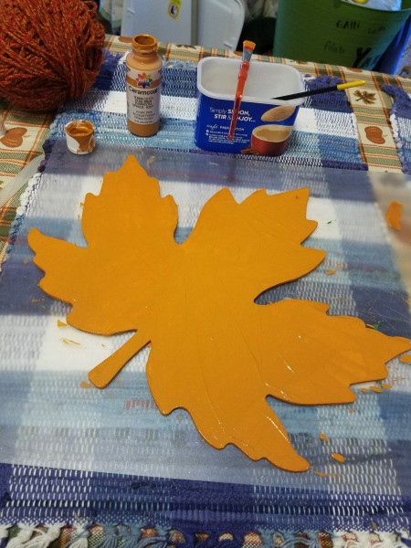 Yarn Embellished Wooden Maple Leaf - leaf top painted