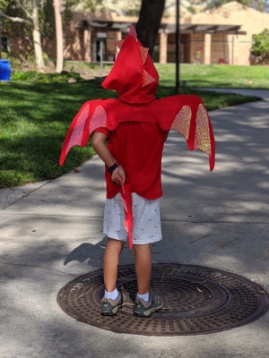 Boy's Dragon Halloween Costume - young boy wearing the costume, viewed from the back to see head scale spikes, wings, and tail