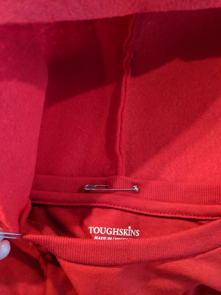 Boy's Dragon Halloween Costume - safety pin hood to shirt