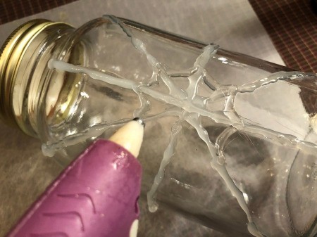 Hot Glue Spiderweb Jar - make little Us around the center between the straight lines