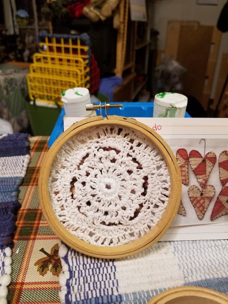 Embroidery Hoop Doily Wall Decoration - commercial doily behind a hoop