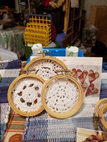 Embroidery Hoop Doily Wall Decoration - the three small hoops finished and arranged together