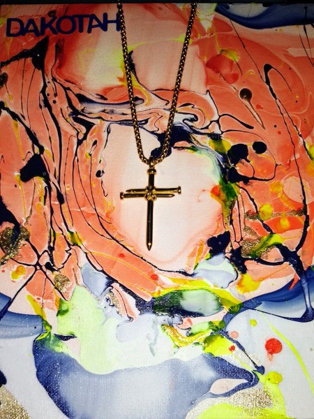 Marbleized Artwork - another panel with a necklace with a cross