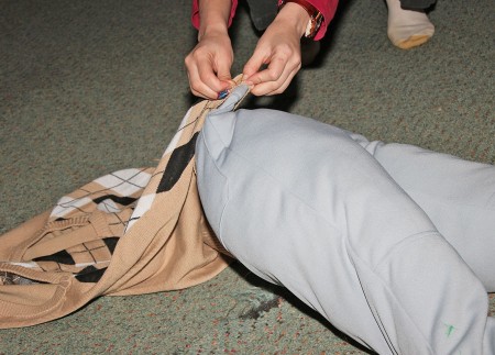 Little Shop of Horrors Costumes - attaching sweater to stuffed pants