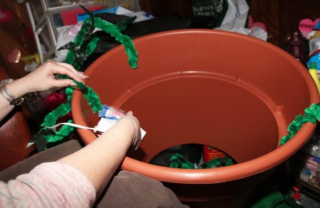 Little Shop of Horrors Costumes - gluing vine/tendrils to the inside of the pot top