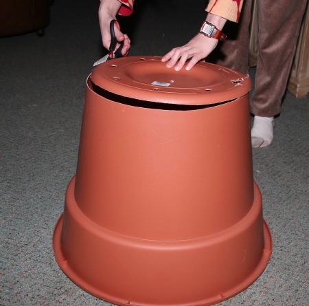 Little Shop of Horrors Costumes - cutting bottom out of large plastic flower pot