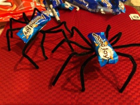 Halloween Candy Spiders - two mini Almond Joy candy packages taped to legs