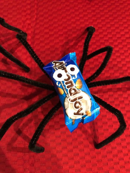 Halloween Candy Spiders - closeup of a spider with the eyes taped on