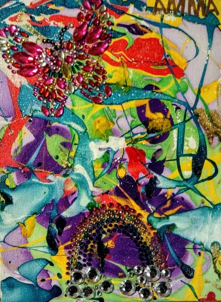 Marbleized Artwork - brightly colored panel with jewels added