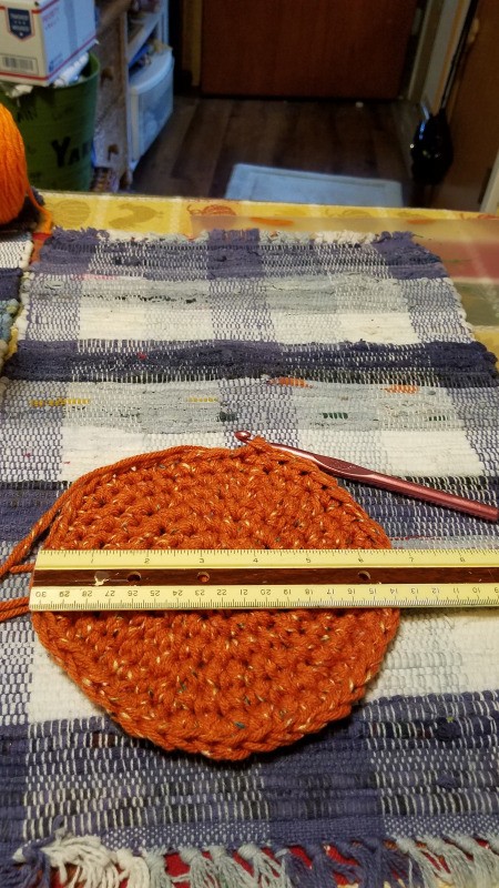 Punky Pie Hot Pad Wall Hanging - measuring orange to confirm diameter