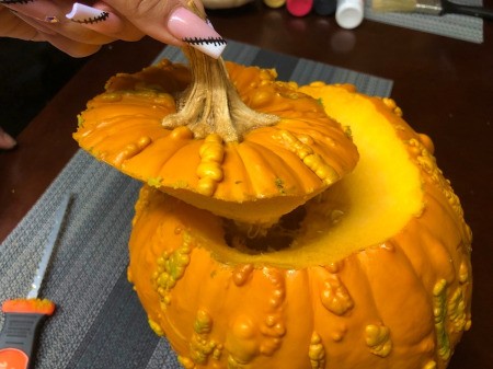 Spooky Double Pumpkin Eyeball - remove the lid and set aside
