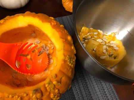 Spooky Double Pumpkin Eyeball - scoop out the seeds and the flesh