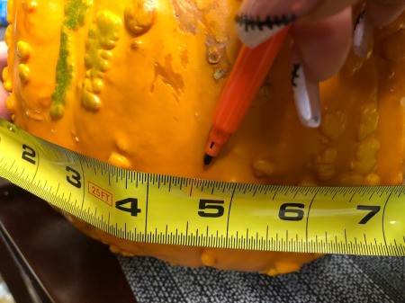 Spooky Double Pumpkin Eyeball - mark the width of the white pumpkin on the orange one