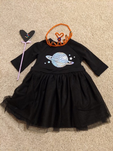 Fancy Costume Wand - crown with lavender wand and black dress with Saturn and stars on bodice