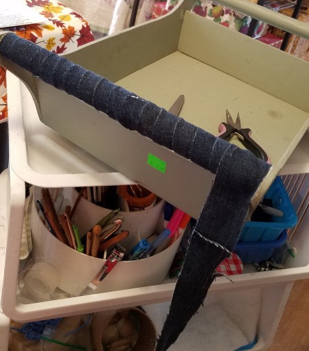 Button Lined Tray - wrap the tray handles with strips of denim and glue in place