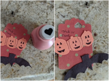DIY Pumpkin and Bat Halloween Favor Tag - punch hole and thread ribbon or pipecleaner through it, also write message