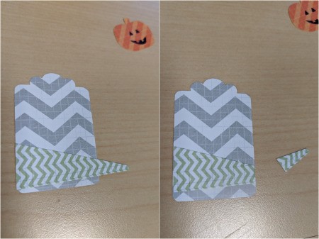 DIY Pumpkin and Ghost Halloween Favor Tag - arrange triangle and cut to fit the label, glue in place then add pumpkin shapes