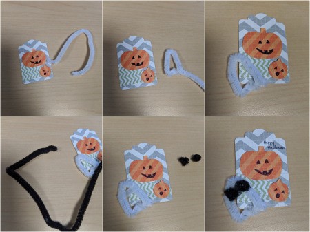 DIY Pumpkin and Ghost Halloween Favor Tag - make a white pipe cleaner ghost, black eyes and glue a tiny piece of white ribbon down where you will attach eyes