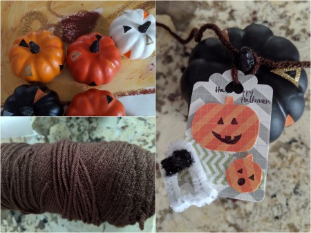 DIY Pumpkin and Ghost Halloween Favor Tag - collage photo fo mini pumpkins, cord and tag tied to a pumpkin