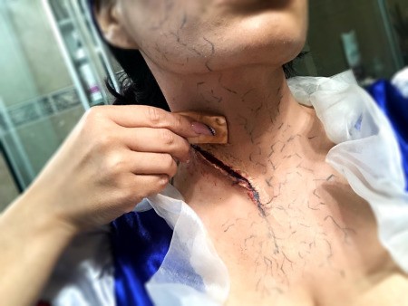 Snow White and the Undead Dwarves - use a sponge to gently blot on some foundation over the veins