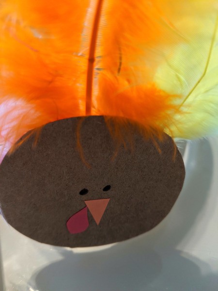 Recycled Cardboard Turkey Hat - eyes drawn on, and paper beak and snood glued in place