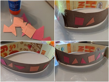 Recycled Cardboard Turkey Hat - paper shapes glued to the hat