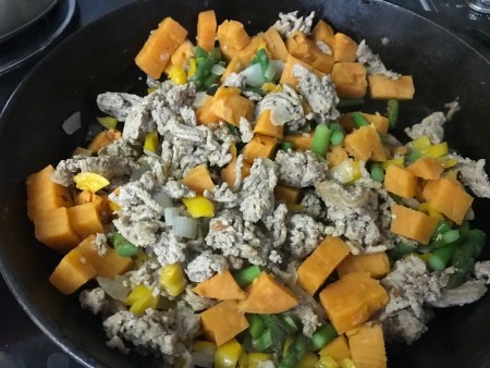 A pan of ground turkey and sweet potato skillet.