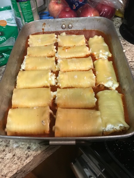 rolled up Lasagna noodles in pan
