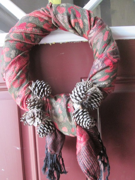 Using Winter Scarf As Wreath Cover - print scarf wreath with pinecones