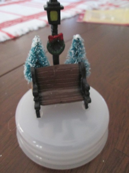 Budget Friendly Snow Globe - miniatures glued to the base