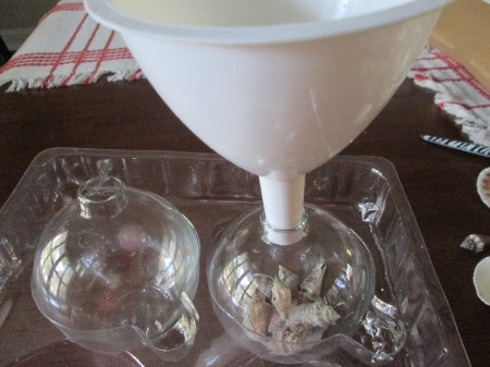 Coastal Beach Ornaments - adding sand through a funnel