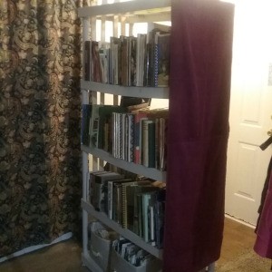 An open shelf with a burgundy panel on the end.