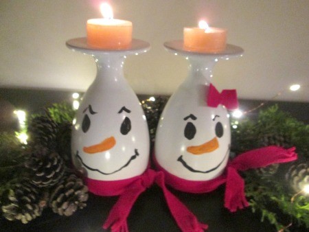 Drinking Glass Candle Holders - snowpeople with lit candles