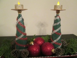 Christmas Tree Candle Holder - two glass trees decorated with strips of gems and topped with tea lights