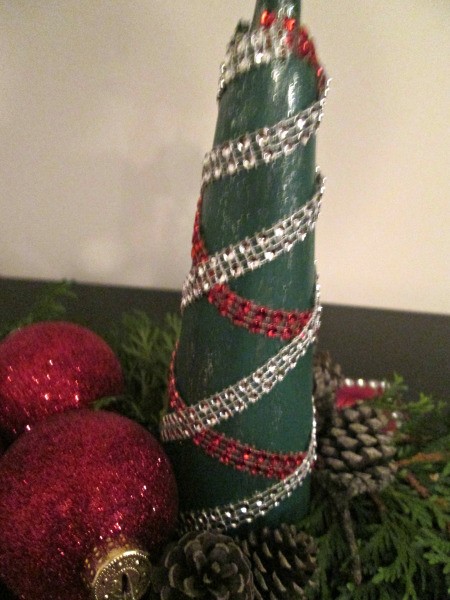Christmas Tree Candle Holder - gem covered ribbon added