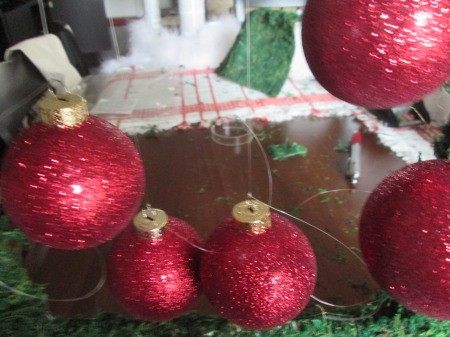 Moss Trim Picture Frame Wreath - ornaments tied to strings