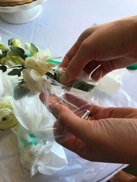 Adding Fresh Flowers to Cake Decoration - wrapping with plastic
