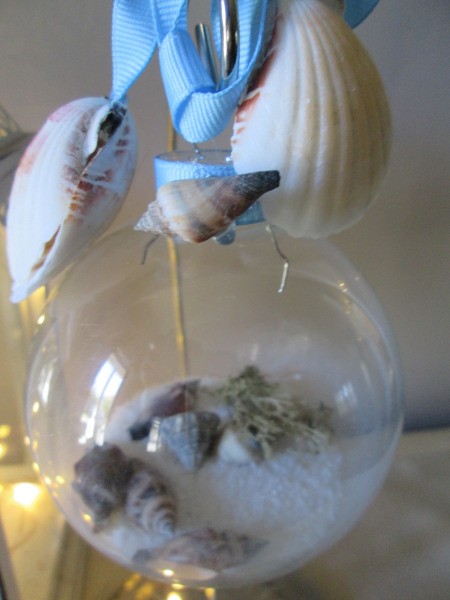 Coastal Beach Ornaments - hanging filled ornament with additional shells hanging from the bow loops
