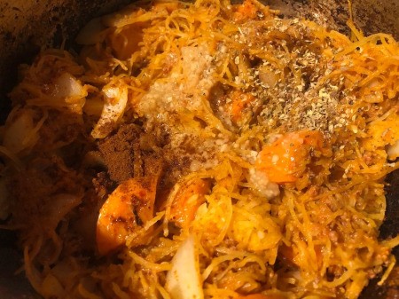 adding seasonings to Spaghetti Squash Soup