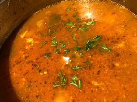 adding broth & water to Spaghetti Squash Soup