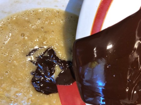 adding chocolate to banana mix