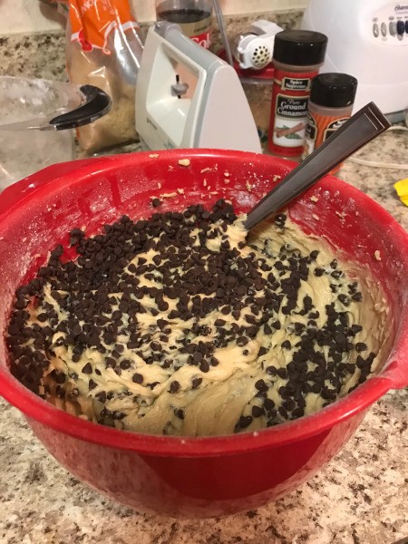 mixing Chocolate Chip batter in bowl